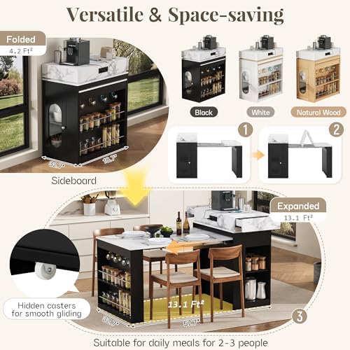 Quarte Kitchen Island with Extendable Table & Power Outlet Black | Kitchen island with extendable table,power outlet,2 drawers,storage cabinet,hooks,rolling wheels,bar table White Marble