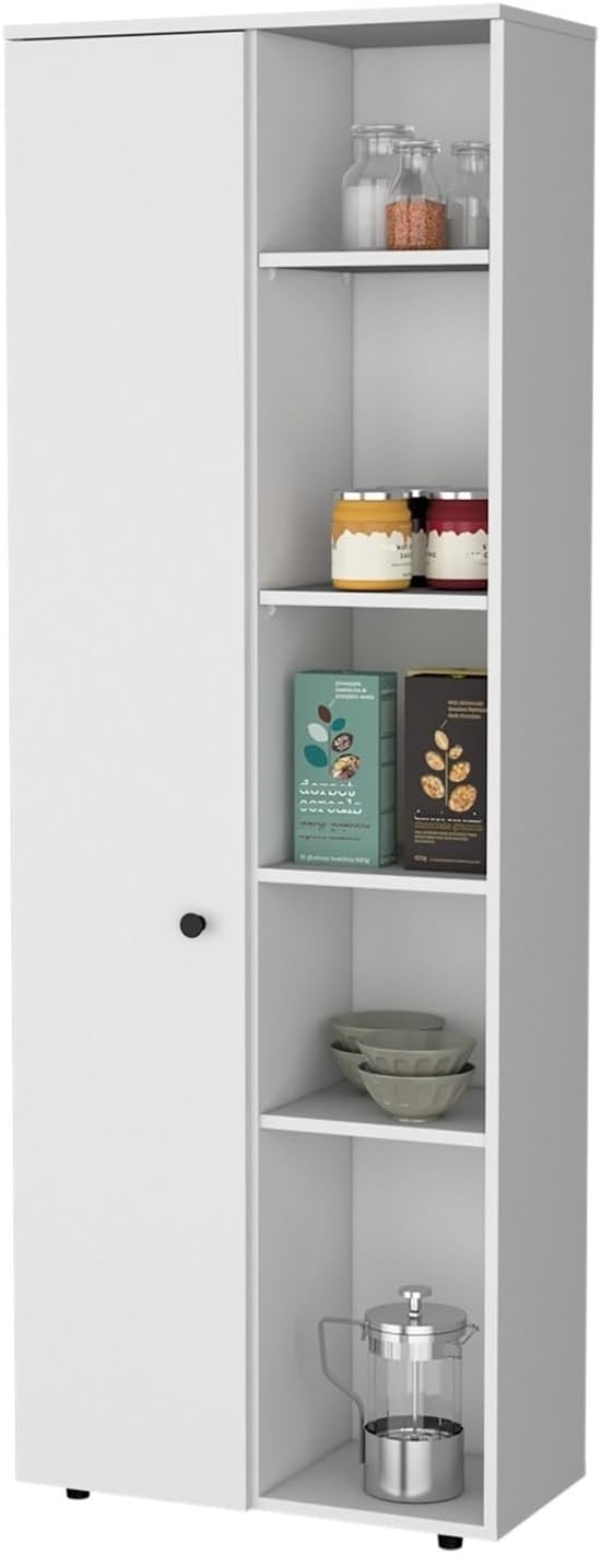 Multistorage Kitchen Pantry with 1 Door and 5 Open Shelves, White,for Kitchen