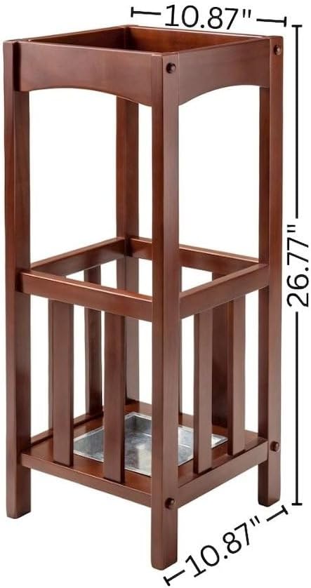 Furnifact Umbrella Stand with Removable Metal Tray, Solid Wood Frame, Tall Accent Table, Walnut Finish, Entryway Storage