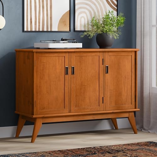 SIMPLIHOME Draper 50" Wide Solid Wood 3-Door Buffet in Teak Brown
