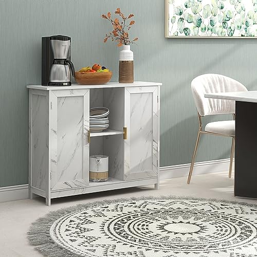 TaoHFE Marble Top Narrow Sideboard Cabinet,White Marble Side Buffet Cabinet