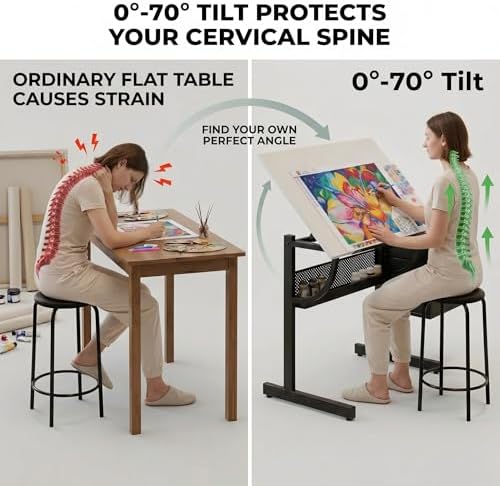 White Adjustable Drafting Table with Stool & 3 Drawers, Tilting Art Desk ...