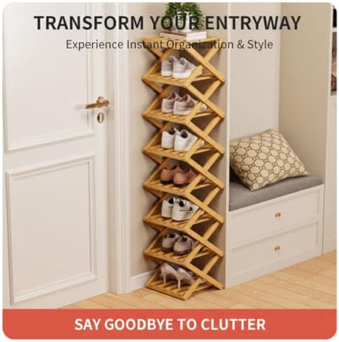 The 9-Tier No-Assembly Bamboo Rack, 2026 Upgraded Foldable Shoe Organizer , Tall Narrow Corner Shoe Shelf / Storage Stand for Entryway Closet Dorm, 2-9 Tiers, Natural or Tea Color (Nature,9Layer)