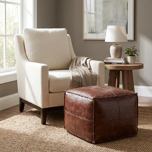 SIMPLIHOME Sheffield 18" Wide Square Genuine Leather Pouf in Brown | Dis...