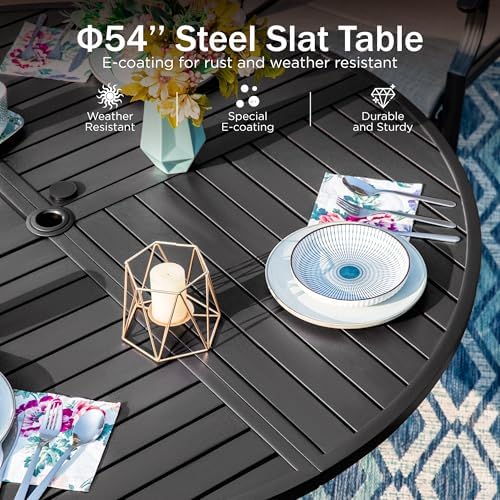 PHI VILLA Outdoor Dining Set for 6, 54" Round Metal Table w/Umbrella Hole