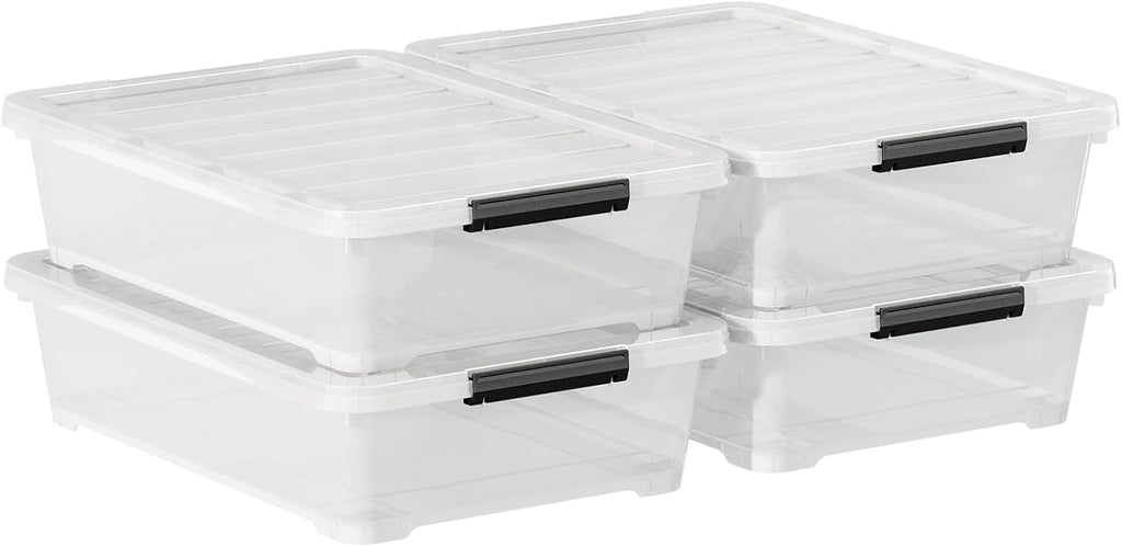 4 Pack 20-Quart Under Bed Storage Box with Wheels, Rolling Underbed Storage Containers Organizer with Latch Lids, Clear
