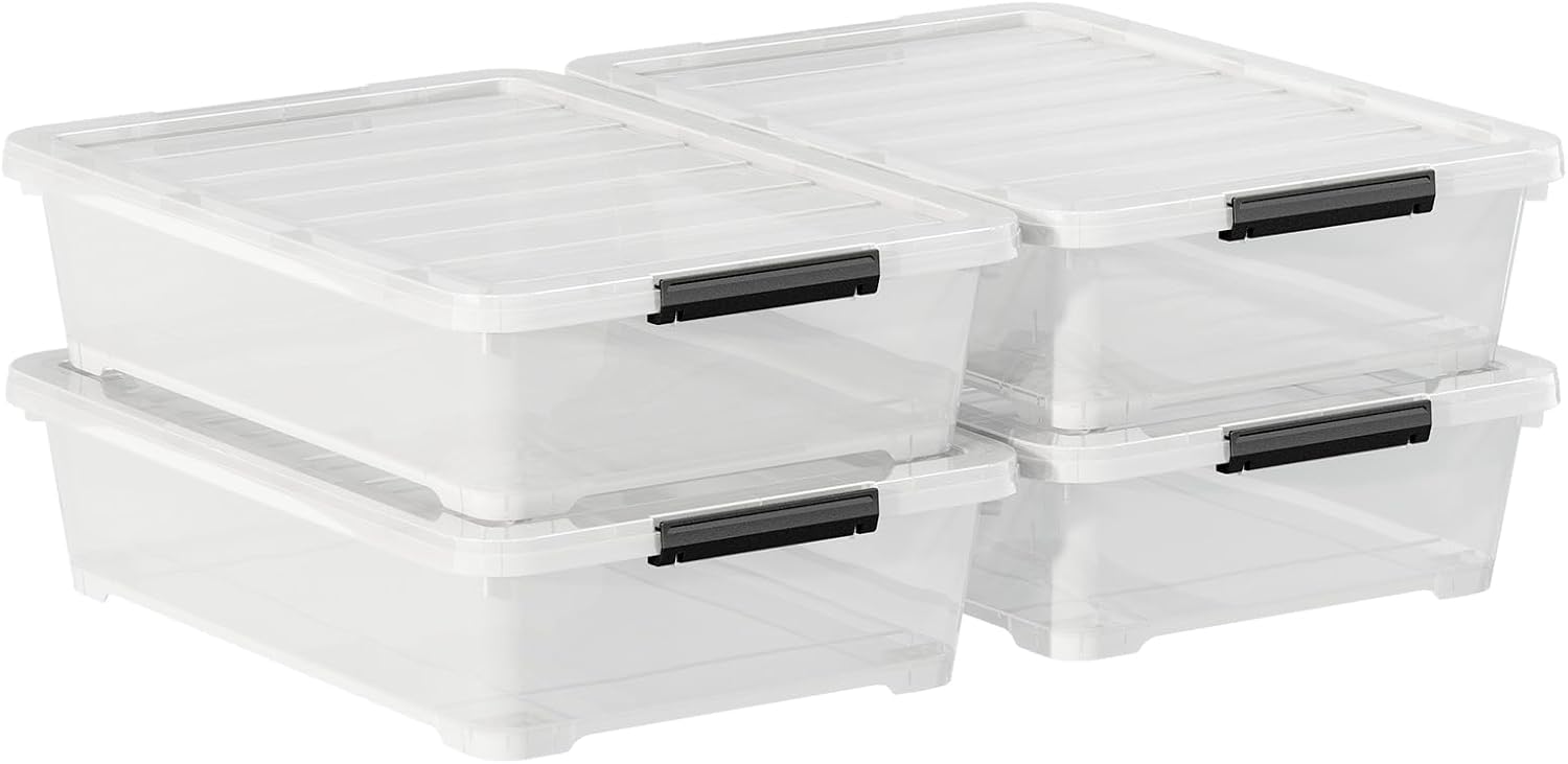 4 Pack 20-Quart Under Bed Storage Box with Wheels, Rolling Underbed Storage Containers Organizer with Latch Lids, Clear