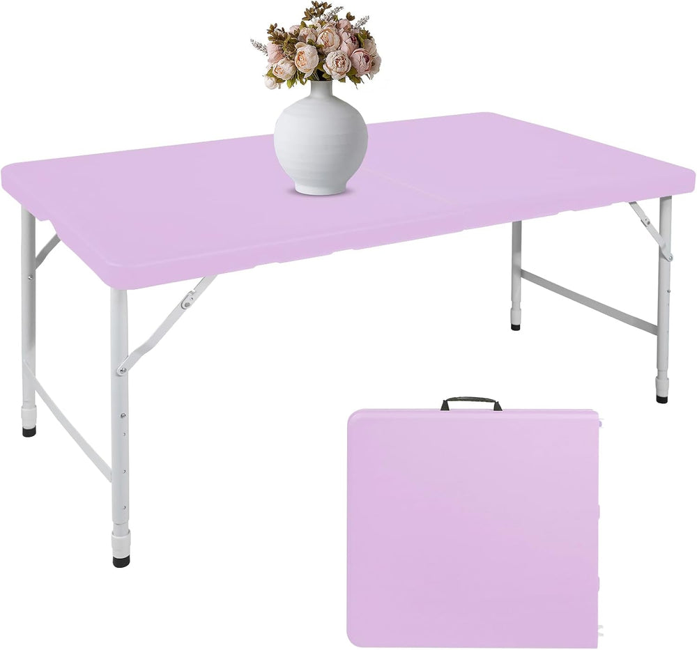 4 FT Folding Table with Carry Handle, Portable Fold-in-Half Plastic Table, Re...