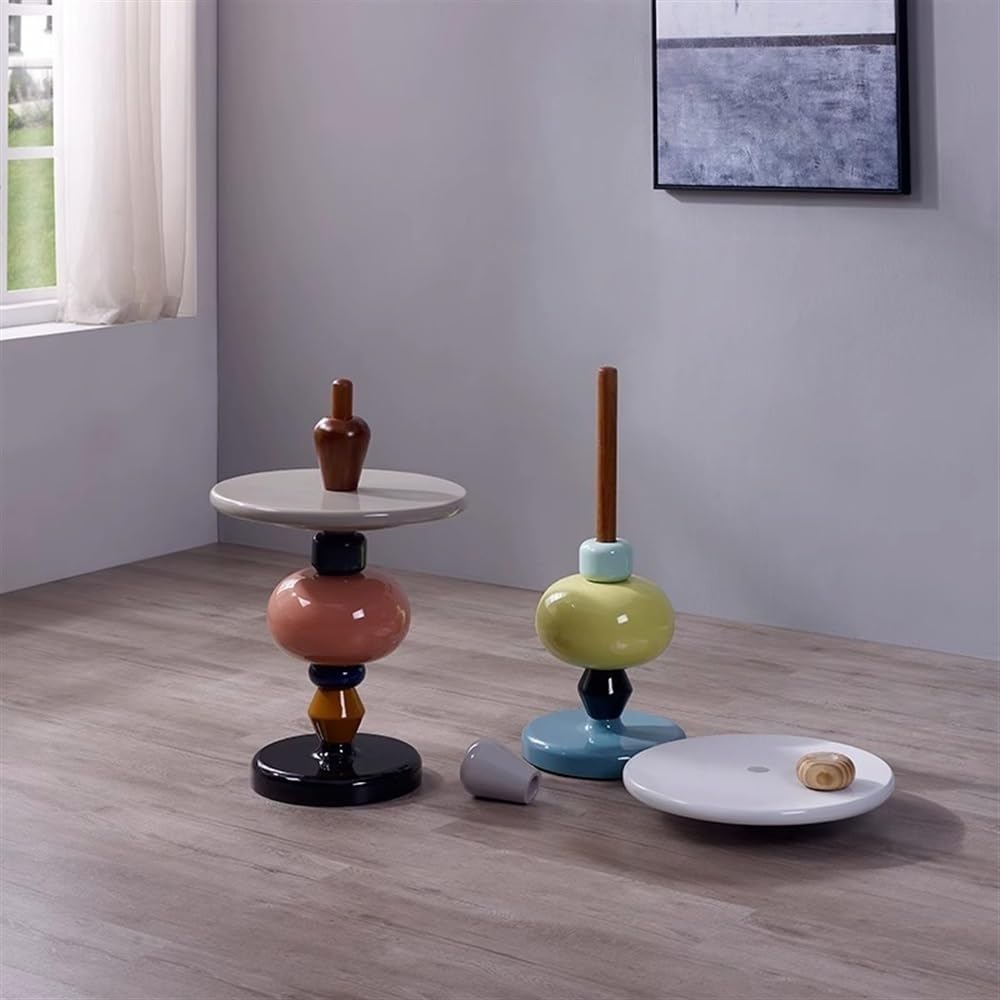 Modern Round Side Table, Fiberglass End Table, Solid Oak Pole, Small Round Co...