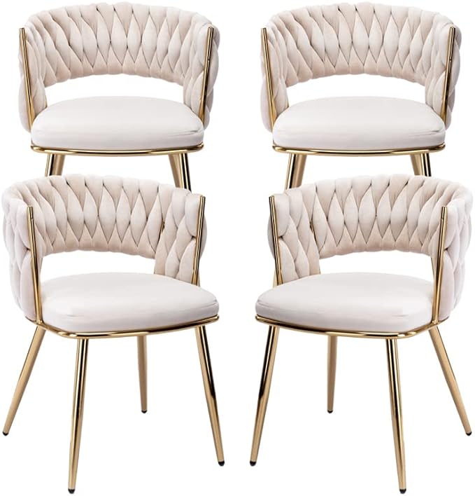 KCC Modern Velvet Dining Chairs Set of 4, Upholstered Living Room Chair with Woven Back and Golden Metal Legs, Mid-Century Accent Side Chair for Dining Room, Kitchen, Beige