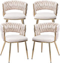 KCC Modern Velvet Dining Chairs Set of 4, Upholstered Living Room Chair with Woven Back and Golden Metal Legs, Mid-Century Accent Side Chair for Dining Room, Kitchen, Beige