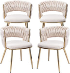 KCC Modern Velvet Dining Chairs Set of 4, Upholstered Living Room Chair with Woven Back and Golden Metal Legs, Mid-Century Accent Side Chair for Dining Room, Kitchen, Beige