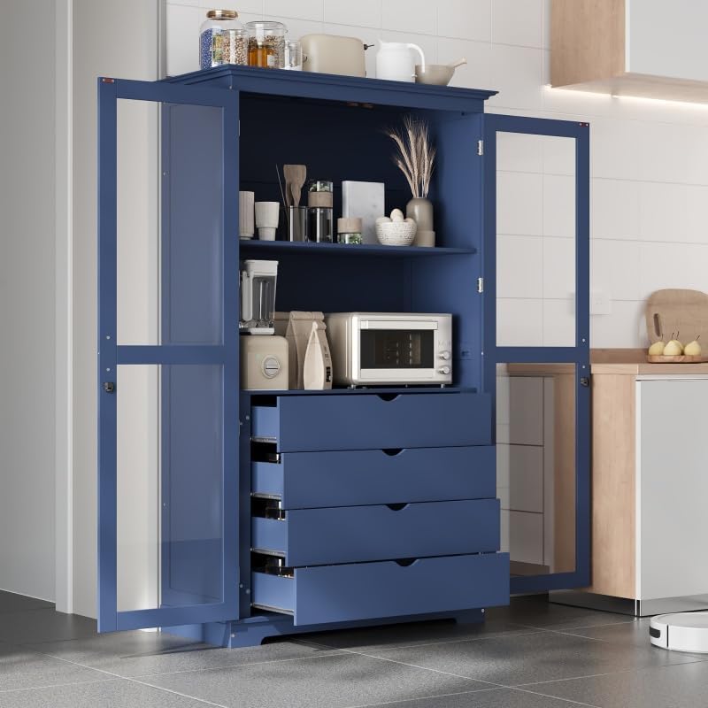 JIJIWANG Kitchen Pantry Cabinet,Coffee Bar Storage with Glass Doors and 4 Bui...