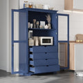 JIJIWANG Kitchen Pantry Cabinet,Coffee Bar Storage with Glass Doors and 4 Built-in Drawers,Food Pantry for Kitchen,Dining Room,Living Room and Garage,Home Office,Blue