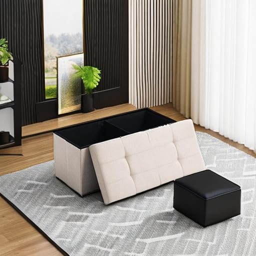 Storage Ottoman Bench Foldable Footrest Foot Stool, 30" Fabric Cream | S...