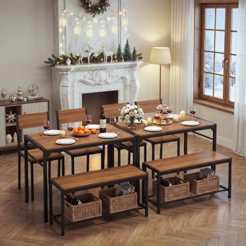 Dining Table Set for 4 with Bench, 4 Pieces Kitchen Table and Chairs, Space-S...
