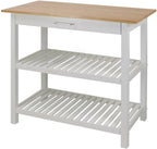 Furnifact Solid Wood Kitchen Island with Drawer, 2 Open Shelves, White Base and Natural Top, Island Table for Kitchen Storage and Food Prep