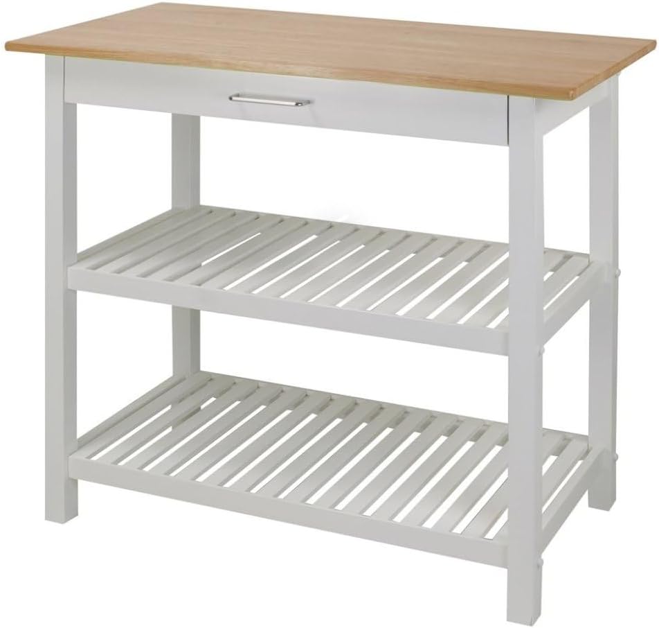 Furnifact Solid Wood Kitchen Island with Drawer, 2 Open Shelves, White Base and Natural Top, Island Table for Kitchen Storage and Food Prep