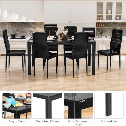 Recaceik 7 Piece Dining Table Set for 6, Tempered Glass Kitchen Table and PU ...