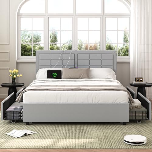 VECELO Full Size Bed Frame with 4 Drawers, Adjustable Tufted Button Headboard...
