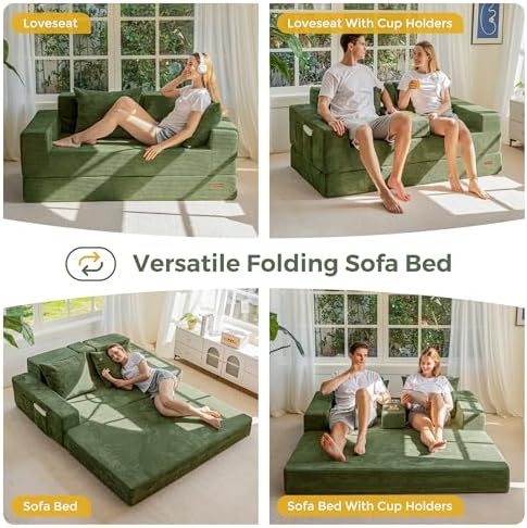 MAXYOYO Sofa Bed, 64-Inch Loveseat with 2 Cup Holders | Corded Green 4-in-1 S...