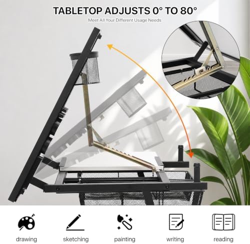 Athena Collection Wooden Drafting Table W/Stool, Tilting Art Desk, White