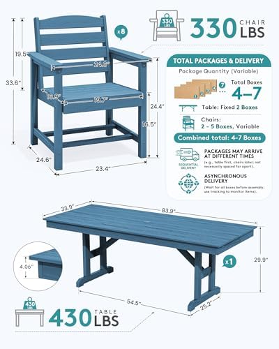 SERWALL 9Pcs 84" HDPE Outdoor Dining Set for 8 with Armchairs,Blue