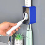2 Slot Toothbrush Holder and Toothpaste Dispenser Wall Mounted, Automatic Toothpaste Squeezer, 2 in 1 Tooth Brush Toothpaste Organizer for Shower (Dark Blue)