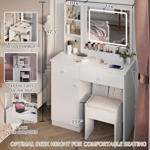 Dressing Table Set, Large Storage Space vanity with Mirror, Power Outlet, Mak...