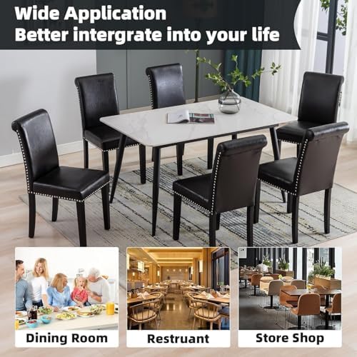 Dining Room Chairs Set of 6, Upholstered PU Leather, Rubber Wood, Black