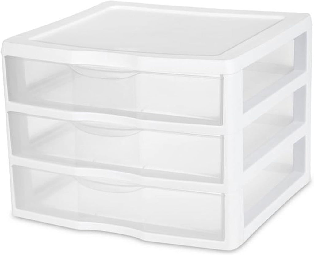 Sterilite 12-Pack Wide 3 Drawer Unit, Plastic Desktop Organizer with Clear Drawers, White Frame - Stackable Multi-Purpose Storage for Office Supplies, Craft Rooms, Classrooms and Home Organization