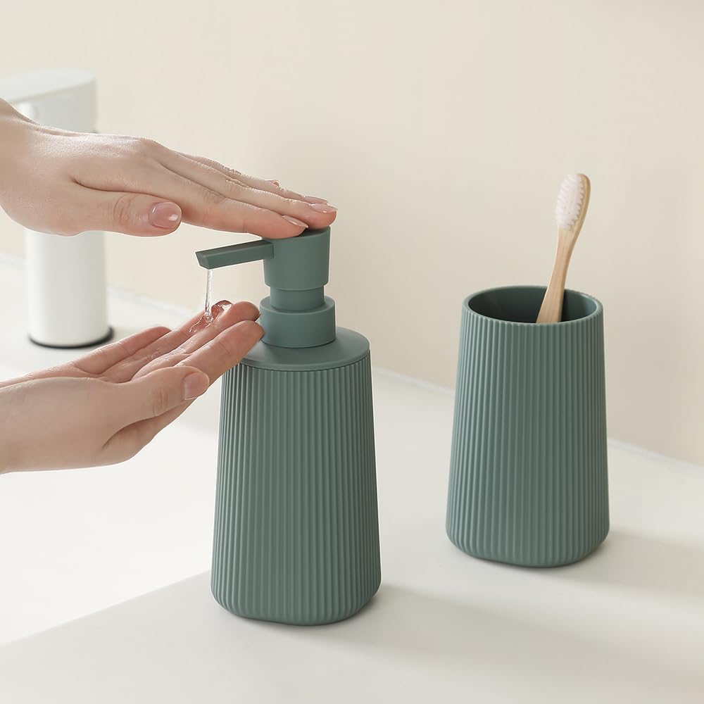 Bathroom Accessories 2 Piece Soap Dispenser and Toothbrush Holder Set Striped Sage Green