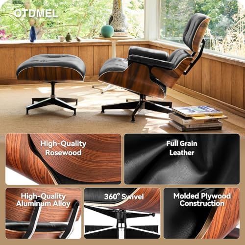 Mid Century Modern Top Grain Leather Chaise Lounge Chair & Ottoman | Mode...