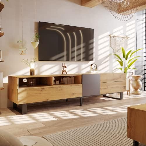 Bellemave TV Stand for TVs up to 80", Modern Entertainment Center with Cabinets, Drawers & Open Shelves, Wooden Media Console with Storage for Living Room, Bedroom & Home Theatre (Wood Grain)