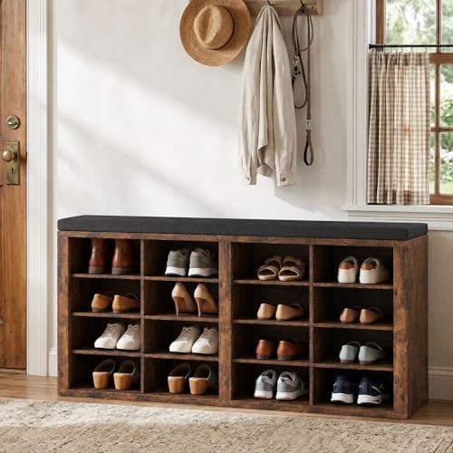 Shoe Rack Bench, Shoe Storage Bench with Cushion, Shoe Organizer 16 Cubbies f...