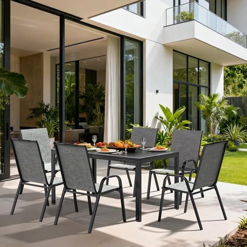 Pamapic Outdoor Dining Sets for 6, Rectangular Steel Slat Table with 6 Textil...