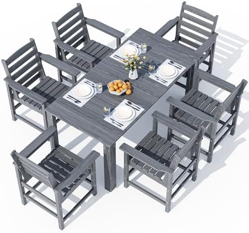 Dining Table Set, 7-Piece HDPE Outdoor Dining Set for 6, Gray