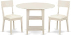 East West Furniture SUAD3-LWH-LC 3 Piece Dining Set Contains a Round Dining Room Table with Dropleaf & Shelves and 2 Faux Leather Upholstered Chairs, 42x42 Inch, Linen White