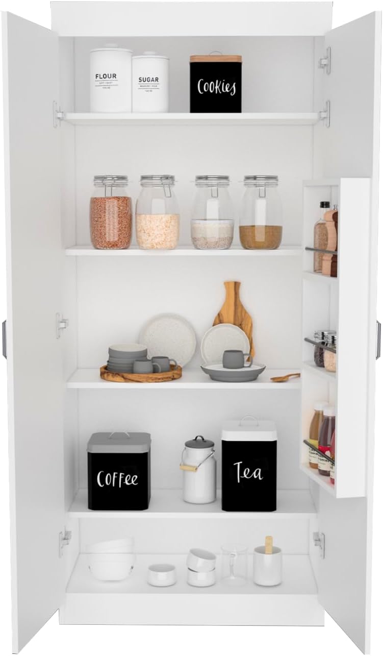 Spacious White Pantry Cabinet: 5 Shelves, 3 Door Shelves