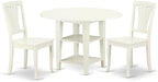 East West Furniture SUAV3-LWH-W 3 Piece Dining Room Table Set Contains a Round Kitchen Table with Dropleaf & Shelves and 2 Dining Chairs, 42x42 Inch, Linen White