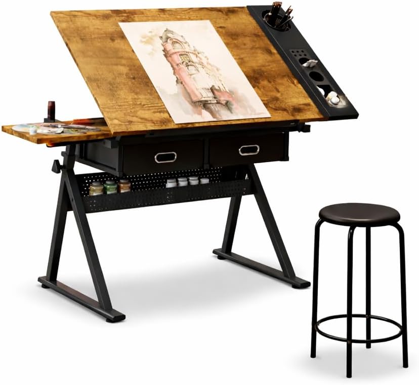 Art Desk with Storage, Drafting Table with Storage Adjustable Drawing Draftin...