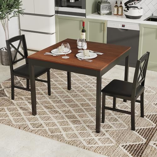 GOFLAME 3-Piece Dining Table Set for 2, Wooden Square Kitchen Table with 2 Up...