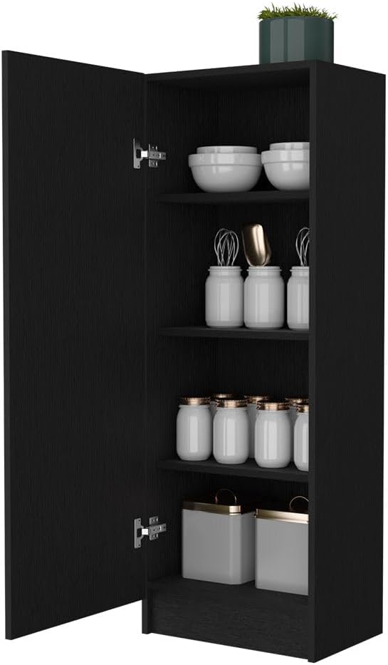 Miami Single Door Pantry, 4 Shelves, Black Engineered Wood, Space-Saving Stor...