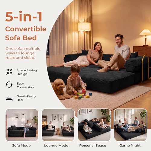 79" Convertible Futon Sofa Bed, Couch for Living Room | Black | 5-in-1 C...