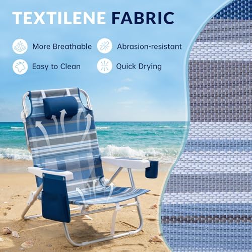 Beach Chair 2 Pack Aluminum 5 Positions Lay Flat Mesh Fabric Folding Beach Re...