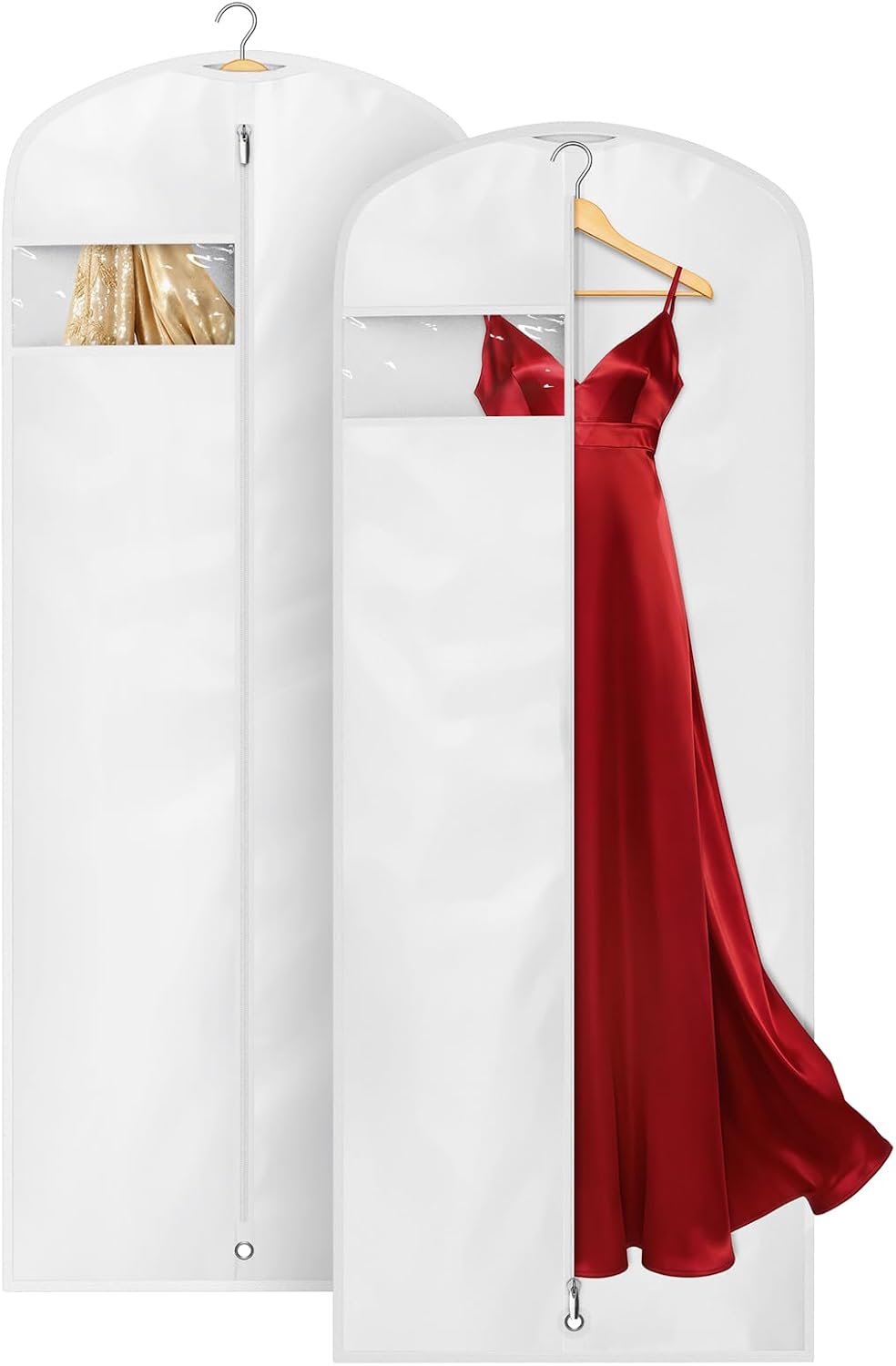 KIMBORA 65" Dress Bags for Gowns Long Garment Bags for Hanging Clothes with Clear Window, Foldable Wedding Dress Cover for Closet Storage and Travel (2 Packs, White)