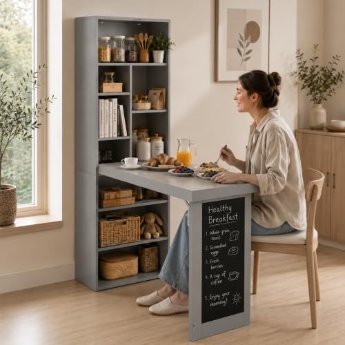 Fold-Out Desk Craft Table, Wall Mounted Desk Cabinet with Chalkboard | Multi-...