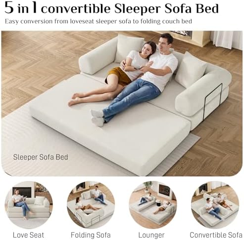 DAMAIFROM Convertible Sleeper Sofa Bed Floor Couch, Beige White | 80" Co...
