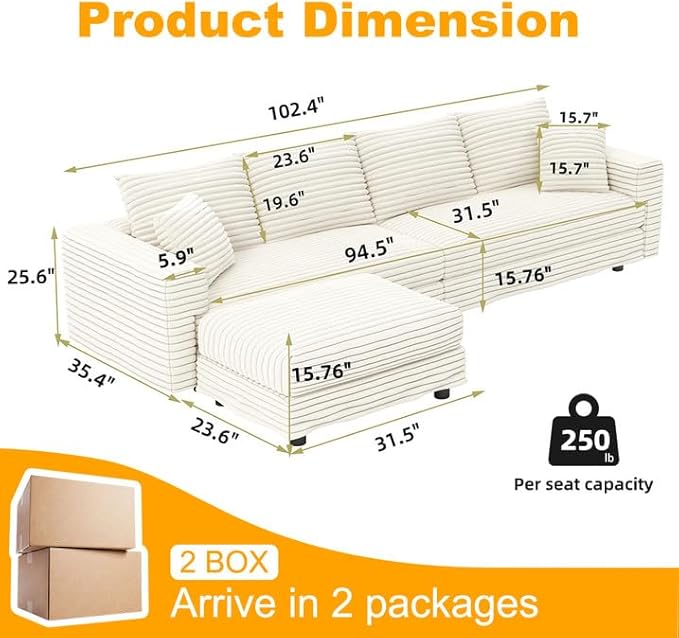 KEIKI 102.4" Sectional Couches, Modern Comfy Upholstered Sofa Cloud Couch, Deep Seat 4 Seat Sofa Set with Soft Pillows and Movable Ottoman for Living Room Bedroom,Apartment,Office, Beige