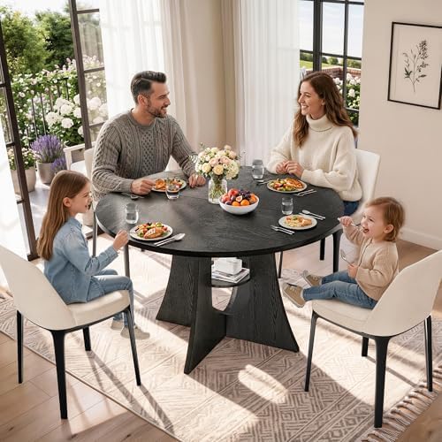 47-Inch Round Dining Table for 4-6, Sculptural Base, Black